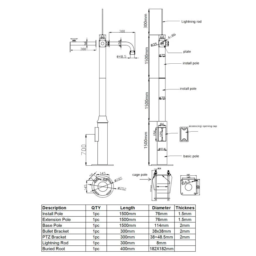 Mât tronconique 3.5M-STAINLESS-W - Ensemble mât pour caméra 3,5 m Blanc
