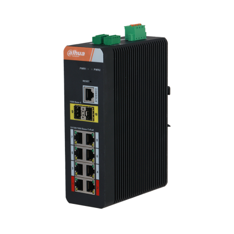 Commutateur industriel PoE manageable (L2) PFS4210-8GT-DP avec 8 ports Gigabit + 2 ports SFP Gigabit (anneau). Protection contre la foudre 6 kV. 48 V~57 V CC. Rail DIN.
