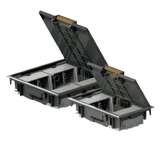 Boîte sol pour mécanismes 45*45 - Gris Clair 45*45. 4 modules. Couvercle en acier inclus. Gris r P 146 mm - L 250 mm - H 56 mm IP4X - IK06