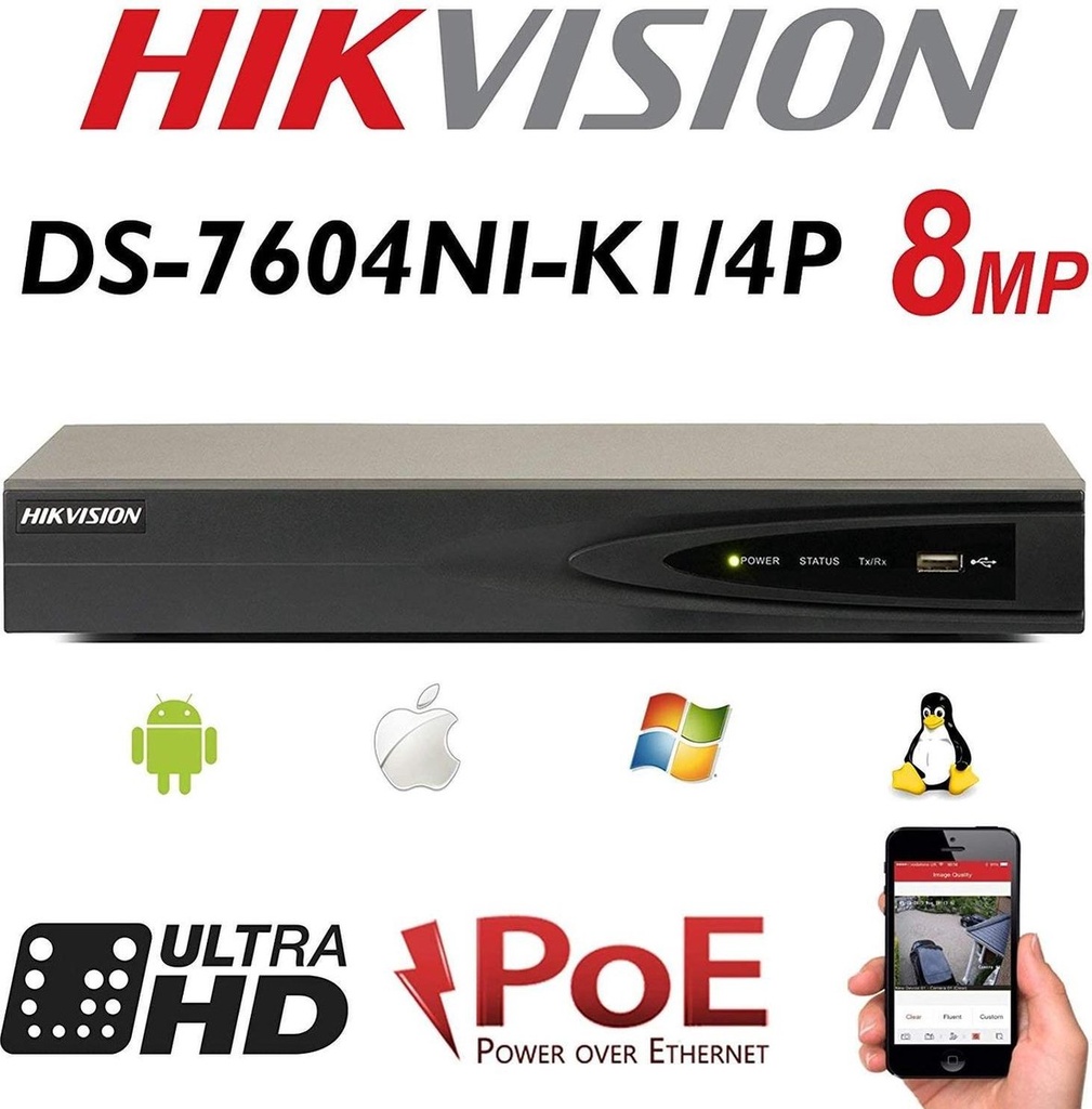 HIKVISION DS-7604NI-K1/4P 4-kanaals 1U 4 PoE 4K NVR + harde schijf 2 TB