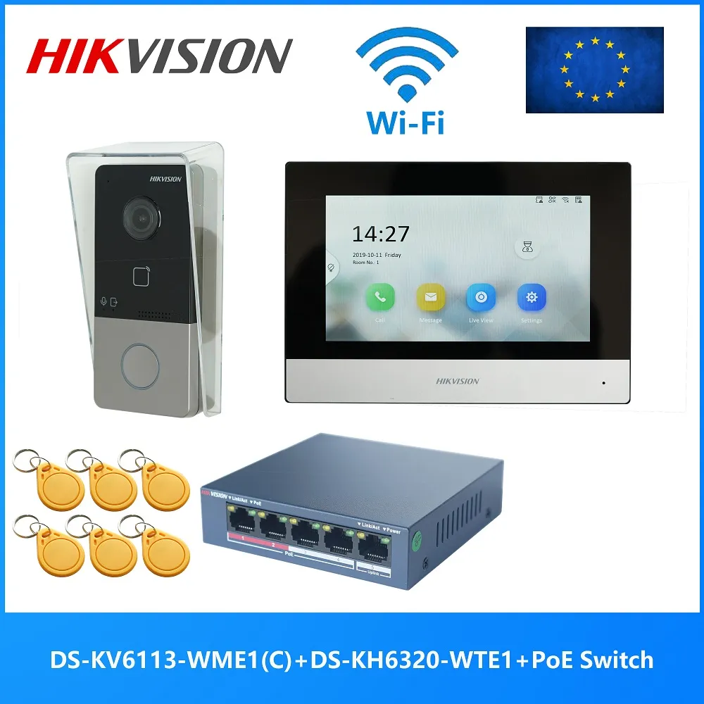 Hikvision DS-KIS603-S IP-POE video-intercomset met 1 belknop, opbouwmontage, 7-inch touchscreen wifi-monitor en 5-poorts PoE-switch.