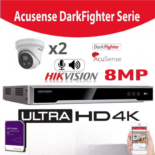 Hikvision caméras de surveillance Kit IP Acusense 8MP - Caméra tourelle IP 2/3/4x DS-2CD2386G2-IU - Microphone intégré 8 mégapixels (4K) 2,8 mm - NVR Acusense PoE 4 canaux - Disque dur 4 To préinstallé