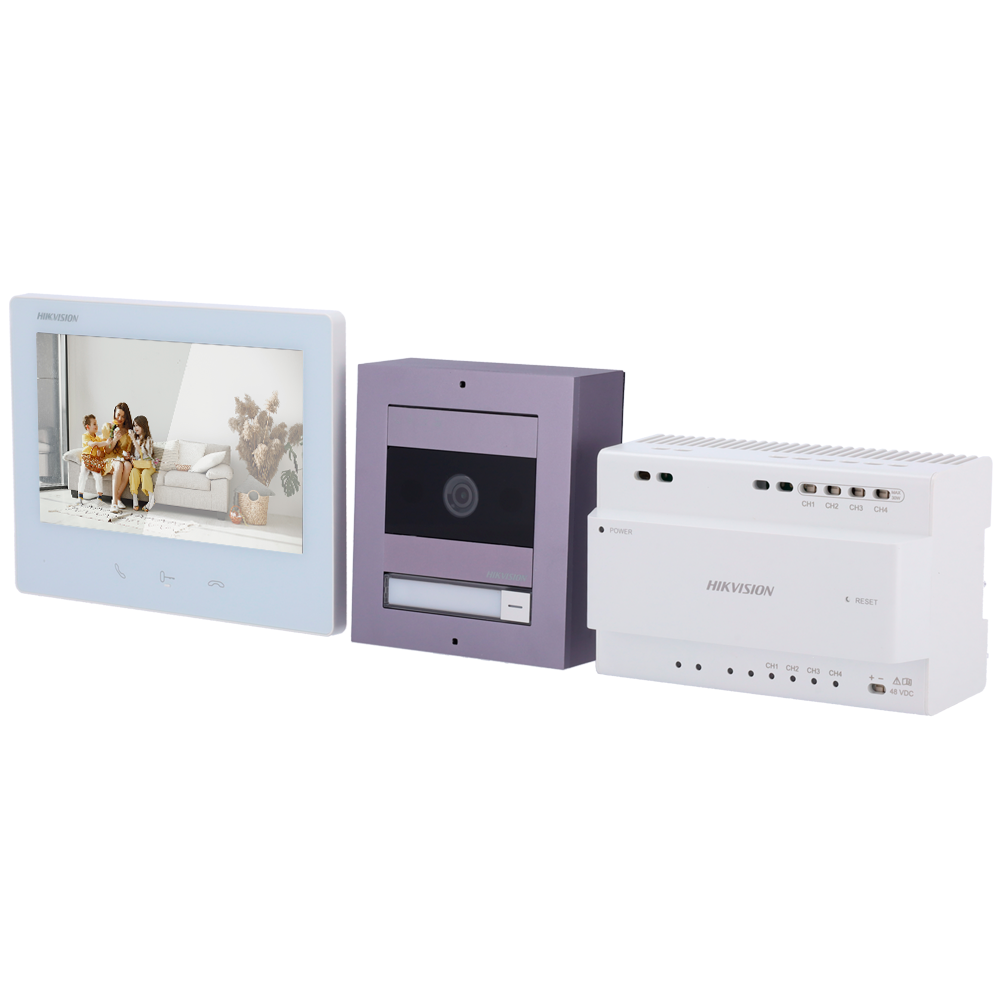 Hikvision DS-KIS704EY/Aluminium 2-draads HD-video-intercomkit met IP-aansluiting, 1 belknop en 7-inch touchscreen met wifi-monitor.