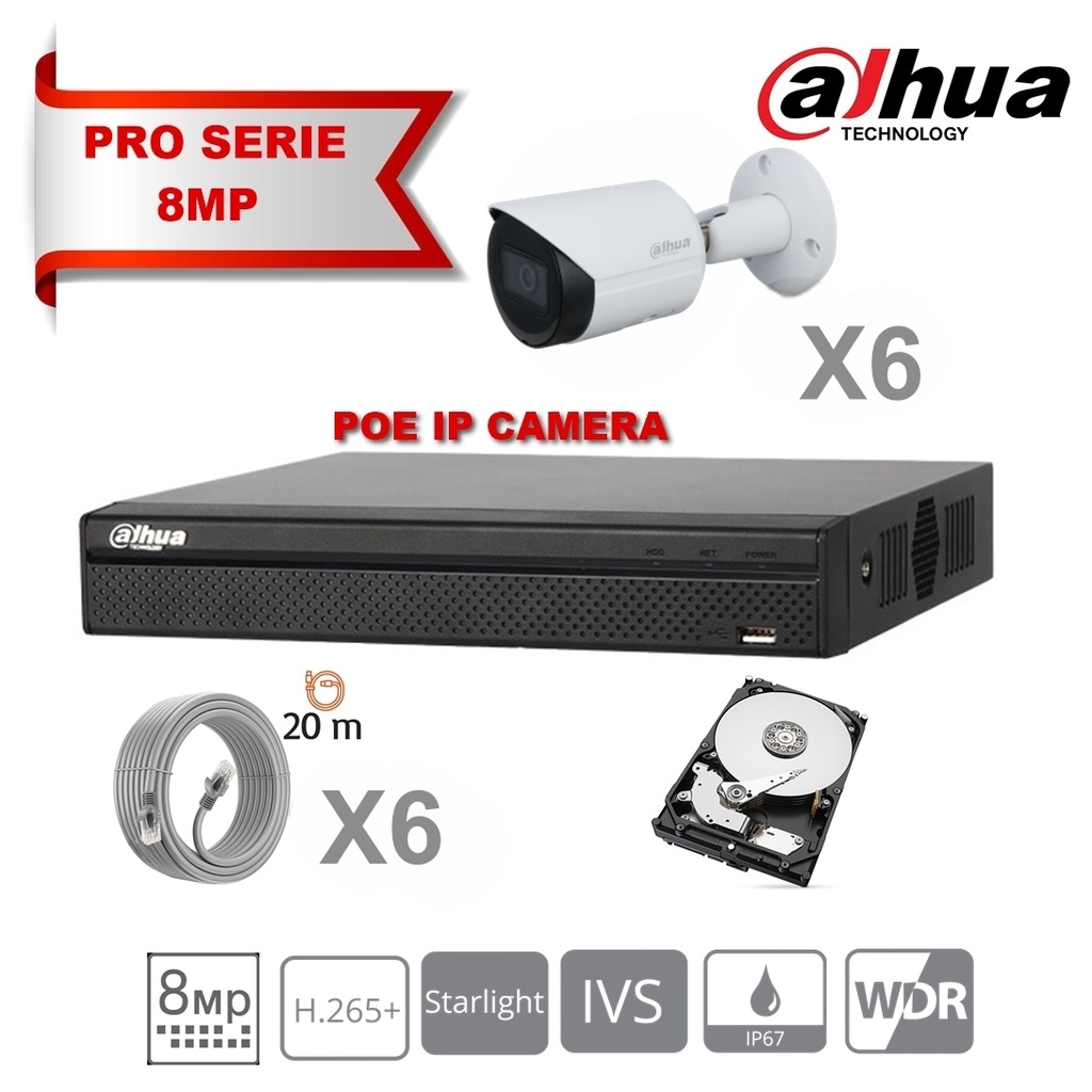 Kit DAHUA Lite Série IP 8MP 6 caméras Bullet DH-IPC-HFW2831TP-AS-S2 fixes 2,8 mm IR 30 m + NVR PoE 8 canaux avec disque dur 4 To pour la surveillance spéciale