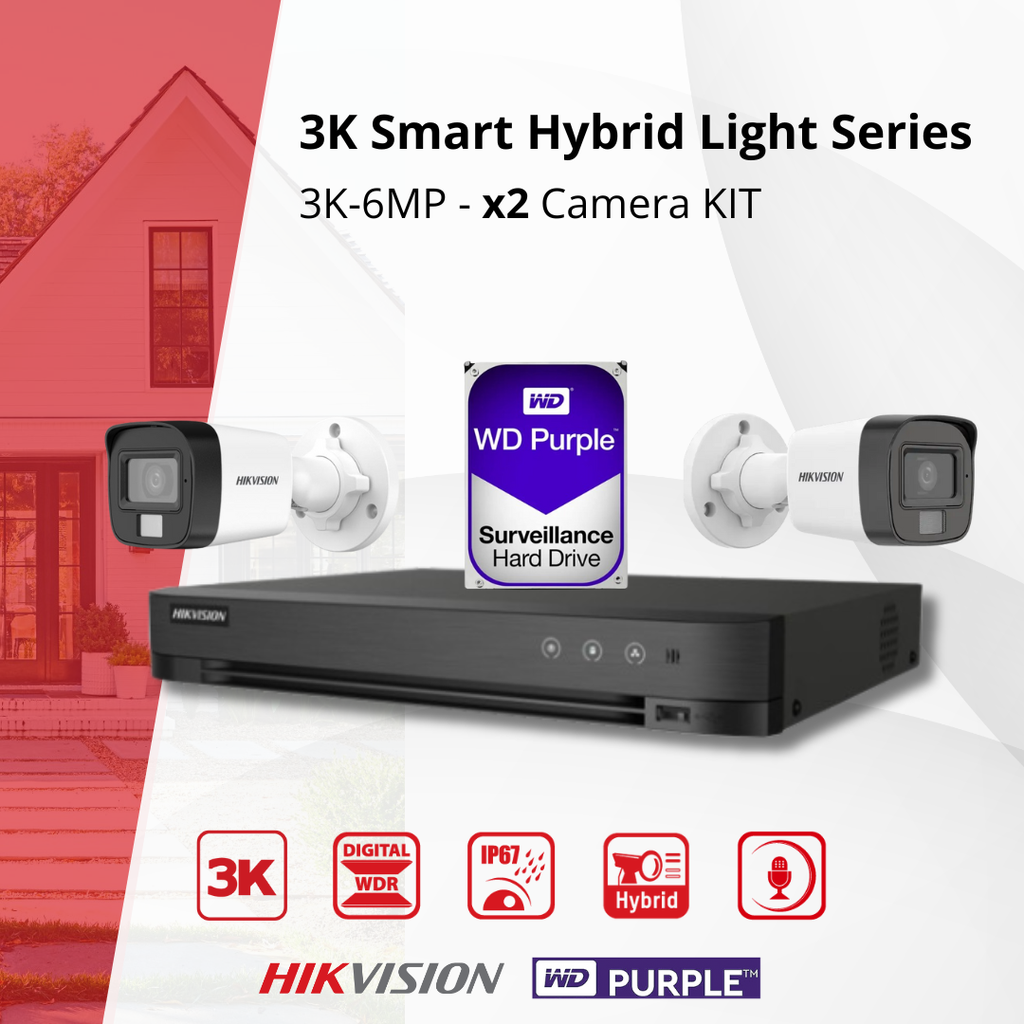 Hikvision bewakingscameraset Analog TurboHD 3K (6MP) - 2x/4x/6x/8x Bullet-camera 3K (6MP) met dubbele verlichting en audio, geschikt voor binnen en buiten - 8-kanaals DVR - 1TB harde schijf