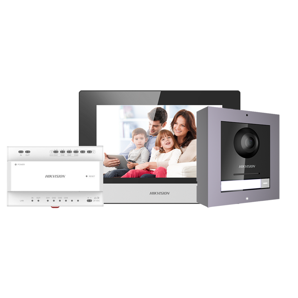 Hikvision DS-KIS702 2-draads IP-video-intercomset met 1 belknop en 7-inch touchscreen wifi-monitor.