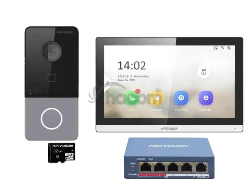 Kit Hikvision DS-KIS607-S IP DS-KV6113-PE1(C), DS-KH6350-WTE1, commutateur PoE 4 ports, kit d'interphone vidéo IP-PoE SD, 1 bouton d'appel, montage en surface, moniteur tactile Wi-Fi 7 pouces + commutateur PoE 5 ports