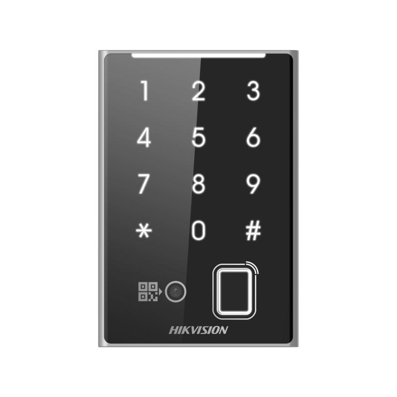 HIKVISION DS-K1109DKFB-QR  compatible avec les cartes DeSfire, Felica et M1. Prend en charge les mots de passe, les empreintes digitales, les codes QR et le Bluetooth.
