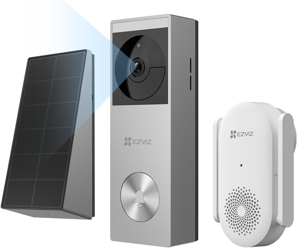 Sonnette Ezviz EP3x Pro 3K à double objectif avec panneau solaire et carillon CH1 - Batterie 5200 mAh, mémoire eMMC intégrée de 32 Go, étanche