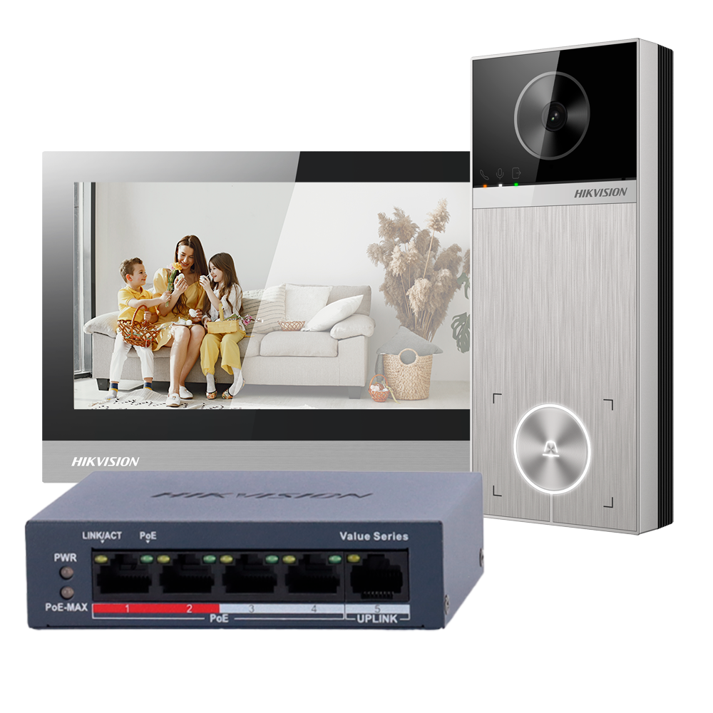 Hikvision DS-KIS613-S - IP PoE video-intercomset voor villa's - 1 belknop, opbouwmontage, 7-inch wifi-touchscreenmonitor + 5-poorts PoE-switch