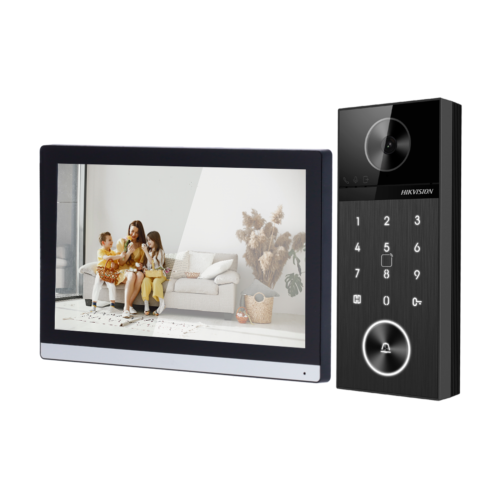 Hikvision DS-KIS612-S Kit interphone vidéo IP PoE pour villa : 1 bouton d'appel, montage en surface, écran tactile Wi-Fi 7 pouces et commutateur PoE 5 ports.