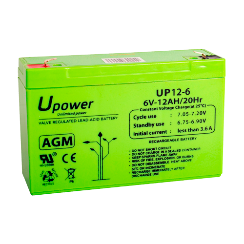 Upower AGM lead-acid rechargeable battery 6V-12Ah - 100 x 151 x 51 / 1800 g