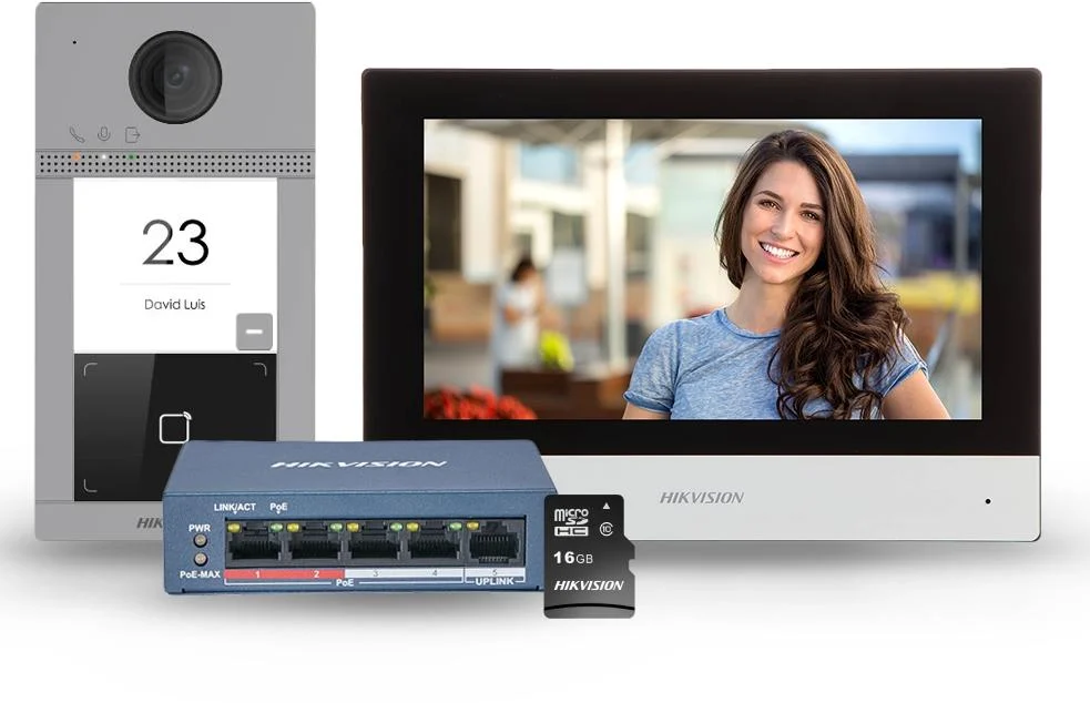 Kit interphone vidéo IP-PoE Hikvision DS-KIS604-S(C) avec 1 bouton d'appel, montage en surface, boîtier aluminium - Moniteur tactile Wi-Fi 7 pouces
