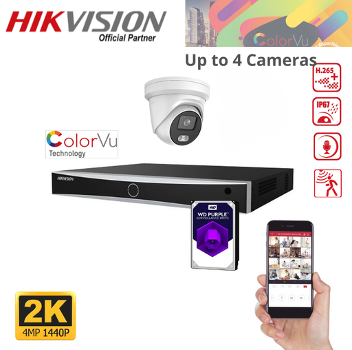 HIKVISION 4x Channel Surveillance Camera Set - 4MP ColorVu G1 Series - 2/3/4x IP Turret Camera DS-2CD2347G1-IU - 4.0mm 4 Megapixel Integrated Microphone Audio - Acusense 4x Channel POE NVR - 4TB Hard Drive Pre-installed