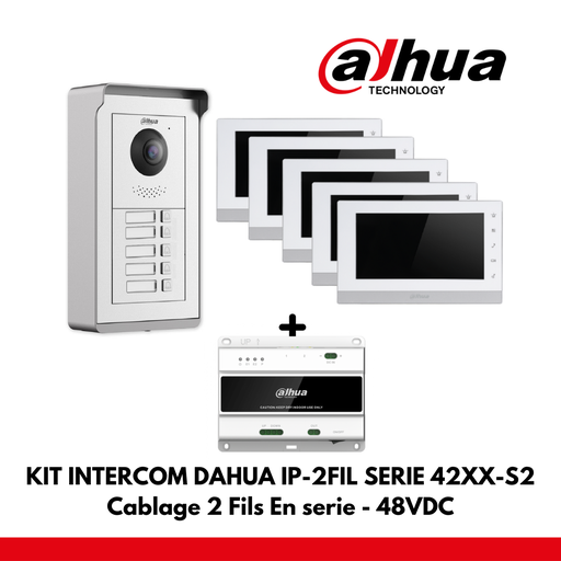 Dahua appartementenset met 5 IP-interfaceknoppen - 2 draden - 48VDC + 5x 7" kleurenmonitor - seriële bedrading