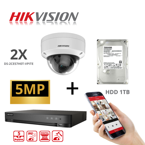 Hikvision caméras de surveillance Kit Analog TurboHD 5MP - 8 canaux DVR - 2/4/6/8 caméras dôme 5MP DS-2CE57HOT-VPIT 2,8 mm + disque dur 1 To