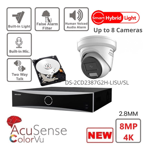 HIKVISION Surveillance IP Camera Set Acusense 4K/8MP  - 2x/3x/4x/5x/6x/7x/8x IP 4K-8MP Turret Surveillance Camera Set with Active Strobe Light and Audio Alarm - Acusense NXI Series 8x Channel NVR with PoE - 2x SATA - 4TB or 6TB Hard disk Drive expandable up to 8x IP Cameras