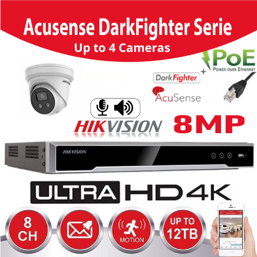 HIKVISION Surveillance IP Camera Set Acusense 8MP  - 2/3/4x IP Turret Camera DS-2CD2386G2-IU - 2.8mm 8 Megapixel (4K) Integrated Microphone - 4x Channel POE Acusense NVR - 4TB Hard Drive Pre-installed
