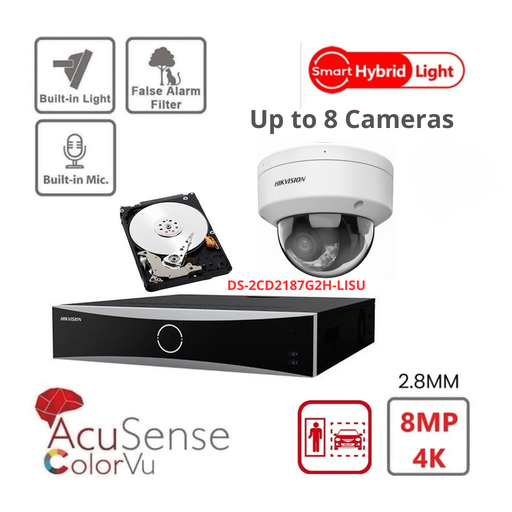 HIKVISION Surveillance IP Camera Set Acusense 4K/8MP  - 2x/3x/4x/5x/6x/7x/8x - ColorVu - 4K-8MP IP Dome Cameras with Built-in Microphone - Acusense NXI Series 8x Channel NVR with PoE - 2x SATA - 4TB or 6TB Hard Drive expandable up to 8x IP Cameras