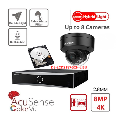 HIKVISION Surveillance IP Camera Set Acusense 4K/8MP  - 2x/3x/4x/5x/6x/7x/8x 4K-8MP IP Dome Cameras Black Color with Built-in Microphone - Acusense NXI Series 8x Channel NVR with PoE - 2x SATA - 4TB or 6TB Hard Drive expandable up to 8x IP Cameras