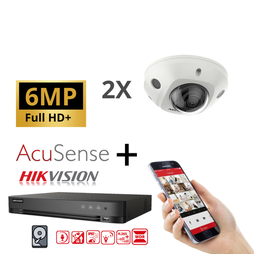HIKVISION IP-bewakingscameraset Acusense 6MP - 2x/3x/4x 6MP mini-domecamera's - 2,8 mm DS-2CD2563G2-I - Ingebouwde 2,8 mm audiomicrofoon - Acusense 4-kanaals PoE NVR - Voorgeïnstalleerde harde schijf van 4 TB