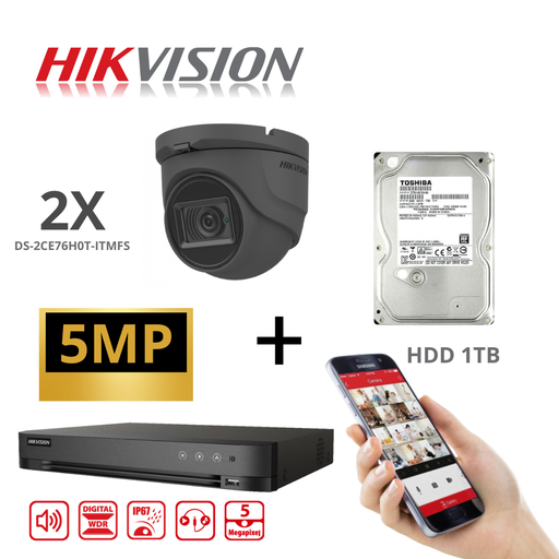 Hikvision caméras de surveillance Kit Analog TurboHD 5MP - 8 canaux DVR - Caméra tourelle 2x/4x/6x/8x - Noir - Entrée audio - 5MP - 2,8 mm - IR20m - Disque dur 1 To