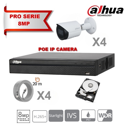 Kit DAHUA Lite Série IP 8MP 4 caméras Bullet DH-IPC-HFW2831SP-S-S2 fixes 2,8 mm IR 30 m + NVR PoE 8 canaux + disque dur 2 To - Surveillance spéciale