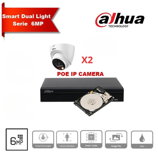 Dahua bewakingscameraset IP 4MP-2x/3x/4x/5x/6x/7x/8x Turretcamera 2,8 mm Dual Light IP 67 + NVR POE NVR2108HS-P-4KS2 8-kanaals - 4TB harde schijf. Voorgeïnstalleerd.