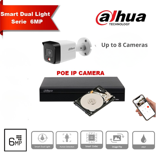 Kit de caméras de surveillance Dahua IP 6MP - 2x/3x/4x/5x/6x/7x/8x, caméras bullet 2,8 mm à double éclairage, IP 67+, NVR PoE NVR2108HS-P-4KS2 8 canaux - disque dur 4 To. Préinstallé.