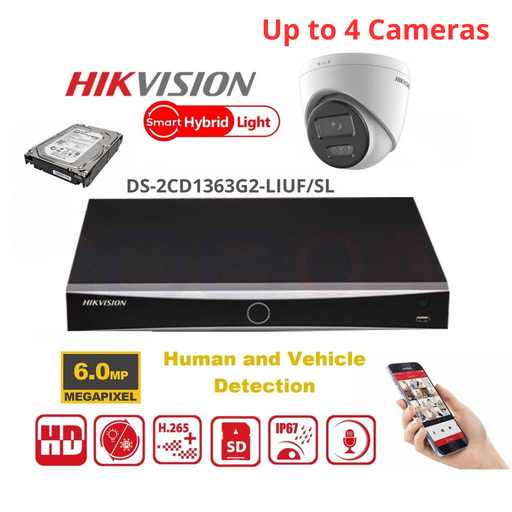 HIKVISION 4x Channel Surveillance Camera Set - 6MP Value G2 Series Dual Light MD2.0 - 2/3/4x 6MP IP Turret  Cameras - Acusense 4x Channel PoE NVR - 4TB Hard Drive Pre-installed