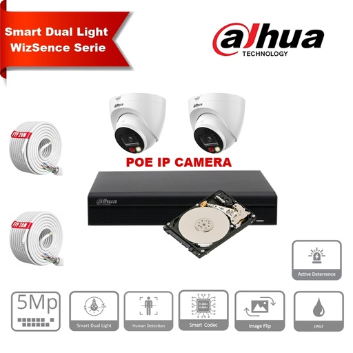Dahua Surveillance Camera Set IP 5MP  -  2x/3x/4x/5x/6x/7x/8 Camera  Turret 5MP 2.8mm Wizsense Dual Light  - Sound and light alarm + 8 Channels Wizsense POE NVR + Hard Disk Special Surveillance Preinstalled 