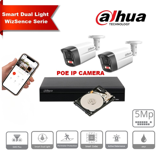 Dahua caméras de surveillance Kit IP Wizsense série 5MP : caméra bullet 5MP 2,8 mm avec double éclairage, alarme sonore et visuelle, enregistreur vidéo réseau (NVR) Wizsense PoE 8 canaux et disque dur préinstallé pour la surveillance.