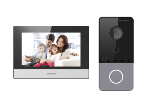 [DS-KIS603-P(C)] Hikvision DS-KIS603-P(C) - Kit interphone vidéo IP PoE avec 1 bouton d'appel - Montage en surface - Moniteur tactile Wi-Fi 7 pouces