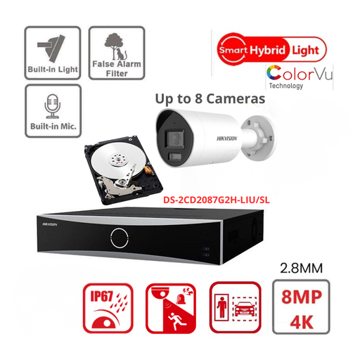 Kit de caméras de surveillance HIKVISION Acusense 4K/8MP - Éclairage hybride intelligent avec ColorVu - 2/3/4/5/6/7/8 caméras IP Bullet 4K-8MP avec stroboscope actif et alarme sonore - NVR Acusense série NXI 8 canaux avec PoE - 2 ports SATA - Disque dur de 4 ou 6 To extensible jusqu'à 8 caméras IP