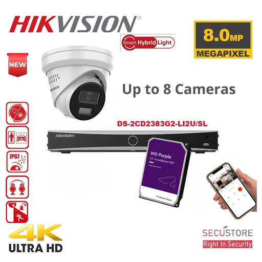 HIKVISION Acusense Surveillance Camera Set Up to 8x - Smart Hybrid Lighting - 4K-8MP White IP Turret Camera with Active Strobe Light and Audio Alarm - Dual Microphones - Acusense NXI Series  8x Channel NVR with PoE for up to 8x IP Cameras -  Hard Disk 4Tb Preinstalled