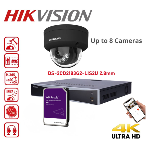 HIKVISION Acusense Surveillance Camera Set (up to 8 cameras) - Intelligent Hybrid Lighting - 4K 8MP IP Dome Camera with Dual Microphone - Acusense NXI Series 8-Channel NVR with PoE (up to 8 IP cameras) - Pre-installed 4TB  Hard Drive