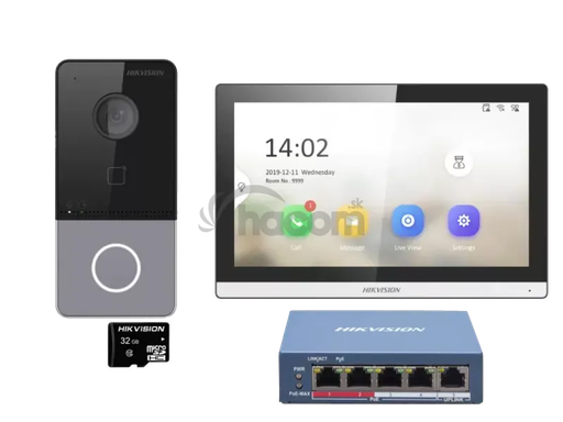 [DS-KIS607-S] Hikvision DS-KIS607-S IP-kit DS-KV6113-PE1(C), DS-KH6350-WTE1, 4-poorts PoE-switch, SD IP-PoE video-intercomkit, 1 belknop, opbouwmontage, 7-inch Wi-Fi touchscreenmonitor + 5-poorts PoE-switch