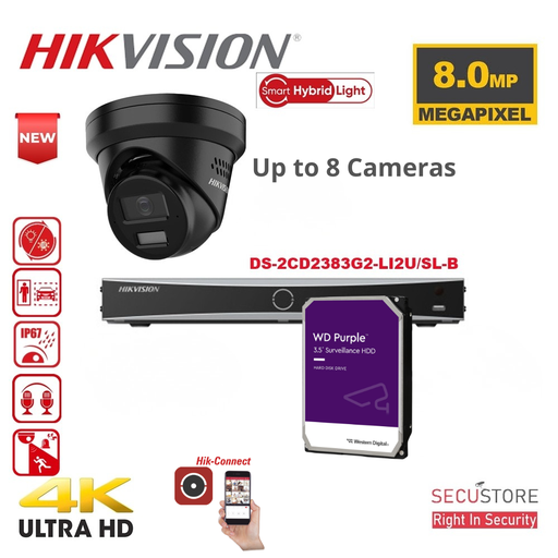 Kit de surveillance HIKVISION Acusense jusqu'à 8 caméras - Éclairage hybride intelligent - Caméra tourelle IP noire 4K-8MP avec stroboscope actif et alarme sonore - Deux microphones - Enregistreur vidéo réseau (NVR) Acusense série NXI 8 canaux avec PoE pour jusqu'à 8 caméras IP - Disque dur 4 To préinstallé