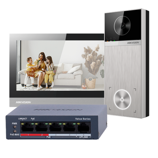 [DS-KIS613-S] Hikvision DS-KIS613-S IP kit IP-PoE video intercom kit, 1x call button, surface mount, 7-inch Wi-Fi touchscreen monitor + 5-port PoE switch