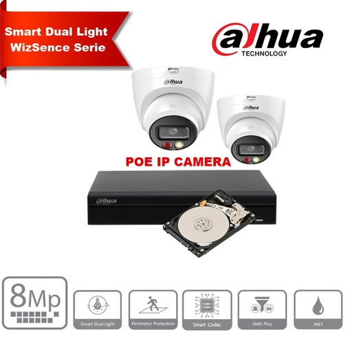 Dahua caméras de surveillance Kit IP 8MP - Tourelle 2x/3x/4x/5x/6x/7x/8 caméras 8MP 2,8 mm Wizsense Dual Light + NVR Wizsense PoE 8 canaux + disque dur avec système de surveillance préinstallé