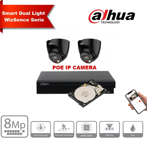 Dahua IP-bewakingscameraset 8MP - 2x/3x/4x/5x/6x/7x/8 camera's, zwarte turret, 8MP 2,8mm Wizsense Dual Light + 8 kanalen Wizsense POE NVR + harde schijf, speciale bewakingssoftware vooraf geïnstalleerd.