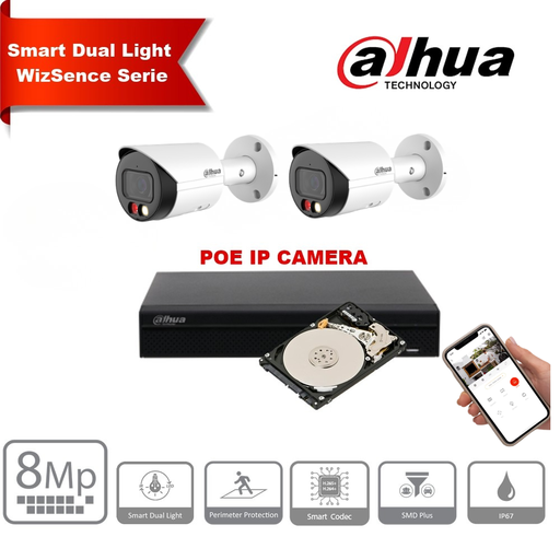 Kit de caméra de surveillance IP DAHUA Wizsense 8MP - Caméra Bullet Blanche 8MP 2,8 mm Wizsense Double Éclairage + NVR PoE Wizsense 8 canaux + Disque dur avec système de surveillance préinstallé