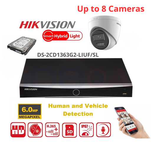 HIKVISION Bewakingscameraset 8x Kanaal 6MP Value G2 Serie Dual Light MD2.0 - 2/3/4/5/6/7/8X IP-camera Turret 6MP - NVR 8x Kanaal POE Acusense - Harde schijf 4/6TB Voorgeïnstalleerd