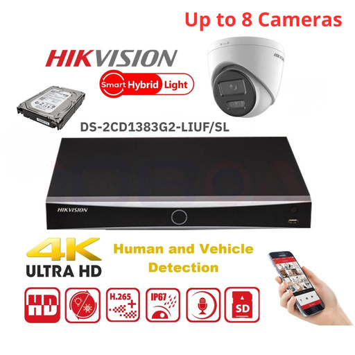 HIKVISION Bewakingscameraset 8x Kanaal 8MP Value G2 Serie Dual Light MD2.0 - 2/3/4/5/6/7/8X IP-camera Turret 8MP - NVR 8x Kanaal POE Acusense - Harde schijf 4/6TB Voorgeïnstalleerd