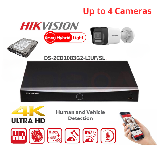 Hikvision caméras de surveillance Kit : 4 caméras IP Bullet 8 MP, 2/3/4 canaux, série Value G2, double éclairage MD2.0, NVR 4 canaux PoE Acusense, disque dur 4 To préinstallé.