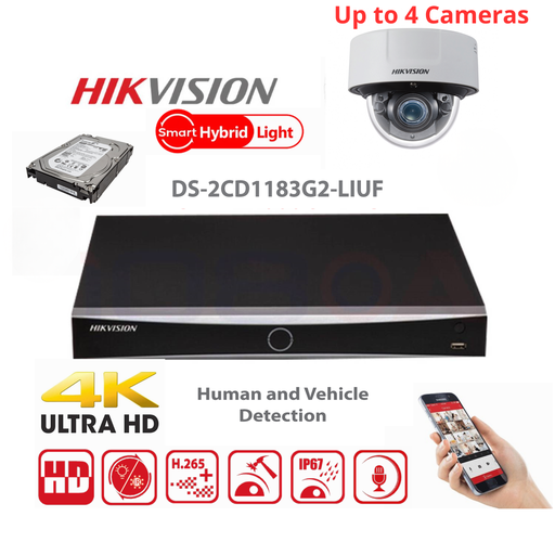 HIKVISION 4-kanaals bewakingscameraset - 8MP Value G2-serie Dual Light MD2.0 - 2/3/4x 8MP IP-domecamera's - Acusense 4-kanaals PoE NVR - 4TB harde schijf voorgeïnstalleerd