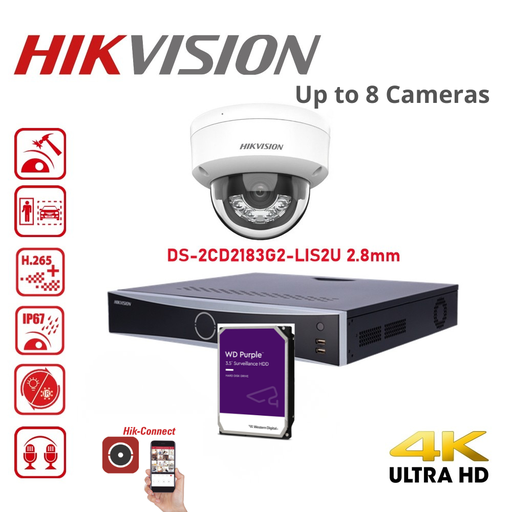 HIKVISION Acusense Surveillance Camera Set (up to 8 cameras) - Intelligent Hybrid Lighting - 4K 8MP IP Dome Camera White with Dual Microphone - Acusense NXI Series 8-Channel NVR with PoE (up to 8 IP cameras) - Pre-installed 4TB Hard Drive