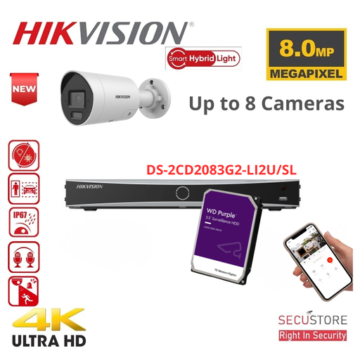 HIKVISION Bewakings-IP-cameraset Acusense 8MP - 2/3/4/5/6/78x 4K-8MP Bullet IP-camera met intelligente hybride verlichting - Ingebouwde microfoon, flitser en audioalarm - Acusense NXI-serie 8-kanaals NVR met PoE - (Voorgeïnstalleerde harde schijf van 4 TB)