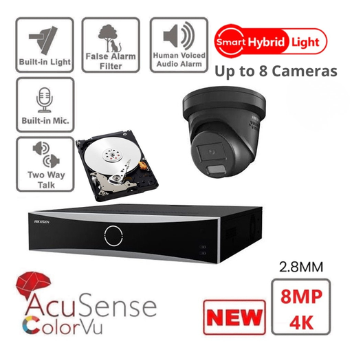 Kit de caméras IP de surveillance HIKVISION Acusense 4K/8MP (2x/3x/4x/5x/6x/7x/8x) avec tourelle noire - Éclairage hybride intelligent avec ColorVu - Lumière stroboscopique active 4K-8MP et alarme sonore - NVR Acusense série NXI 8 canaux avec PoE - 2 ports SATA - Disque dur de 4 ou 6 To (extensible à 8 caméras IP)