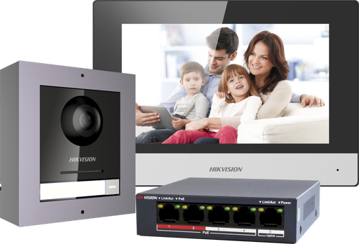 Hikvision DS-KIS602(B)IP-POE video-intercomset met 1 belknop, zwarte behuizing en 7-inch touchscreen wifi-monitor.